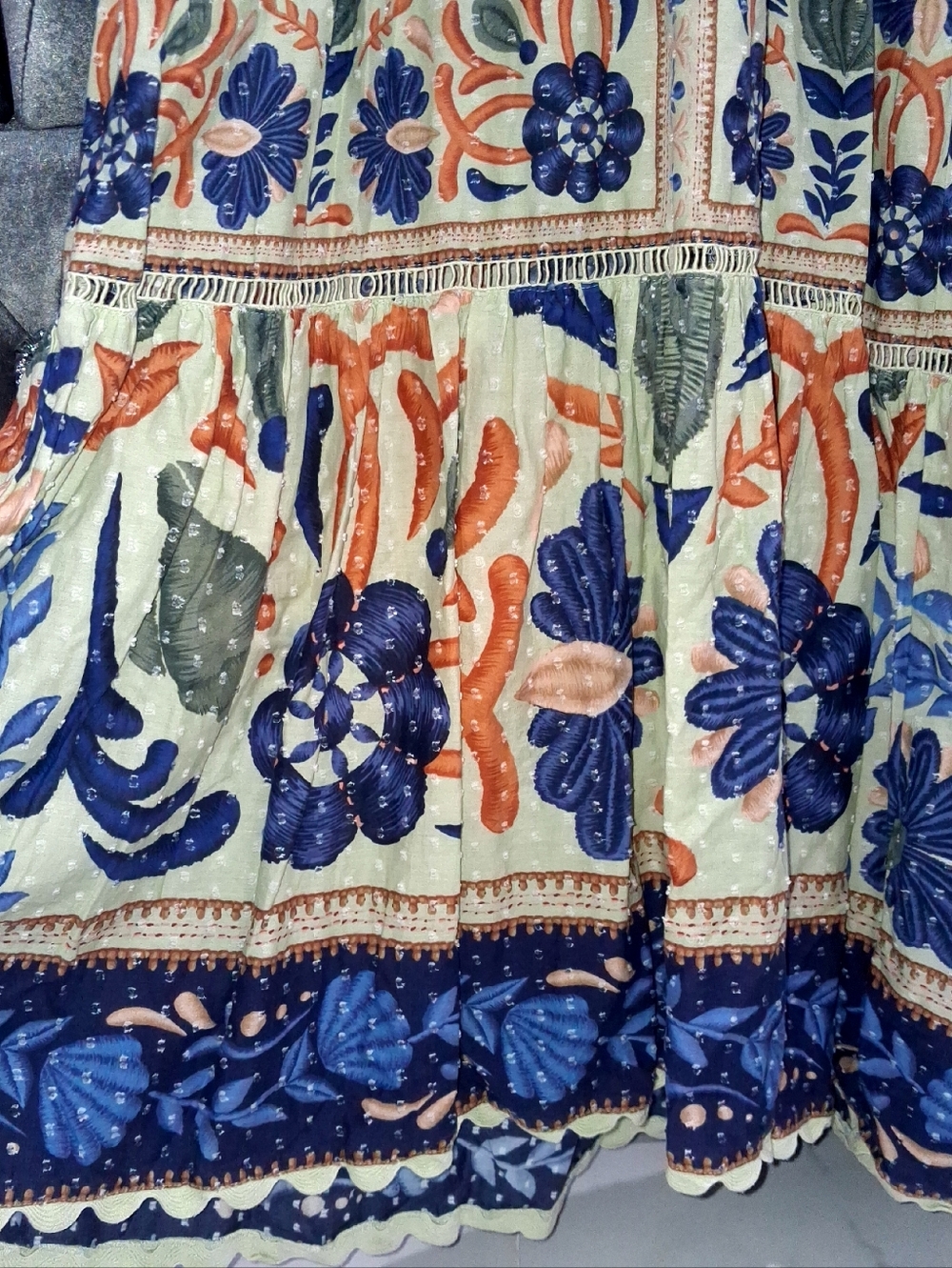 Farm Rio Ocean Tapestry cotton maxi dress XS Floral Bohemian Embroidered Ruffles - Picture 9 of 17